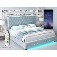 SIBEDS LED Bed Frame With RGB Lights & Storage Drawers, Upholstered Platform Bed With Crystal Tufted Headboard, PU Leather & Velvet Modern Bedroom Furniture, Noise Free Design, No Box Spring Needed, Easy Assembly, Velvet Gray - 絲絨灰 - 查看 9