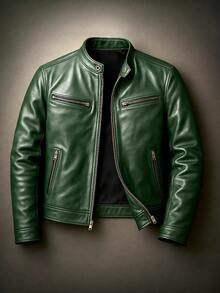 Mens Biker Leather Stand Collar Long Sleeve Multiple Zipper Pockets Winter Casual Outerwear - Green - View 5