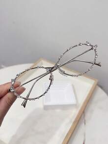 1 Pair Cat Eye Rhinestone Fashion Party Elegant Personalized Y2K Style Clear Lens Glasses Suitable For Daily Wear, Travel, Party, Office, Street Photography - Silver Frame With White Lenses - View 2