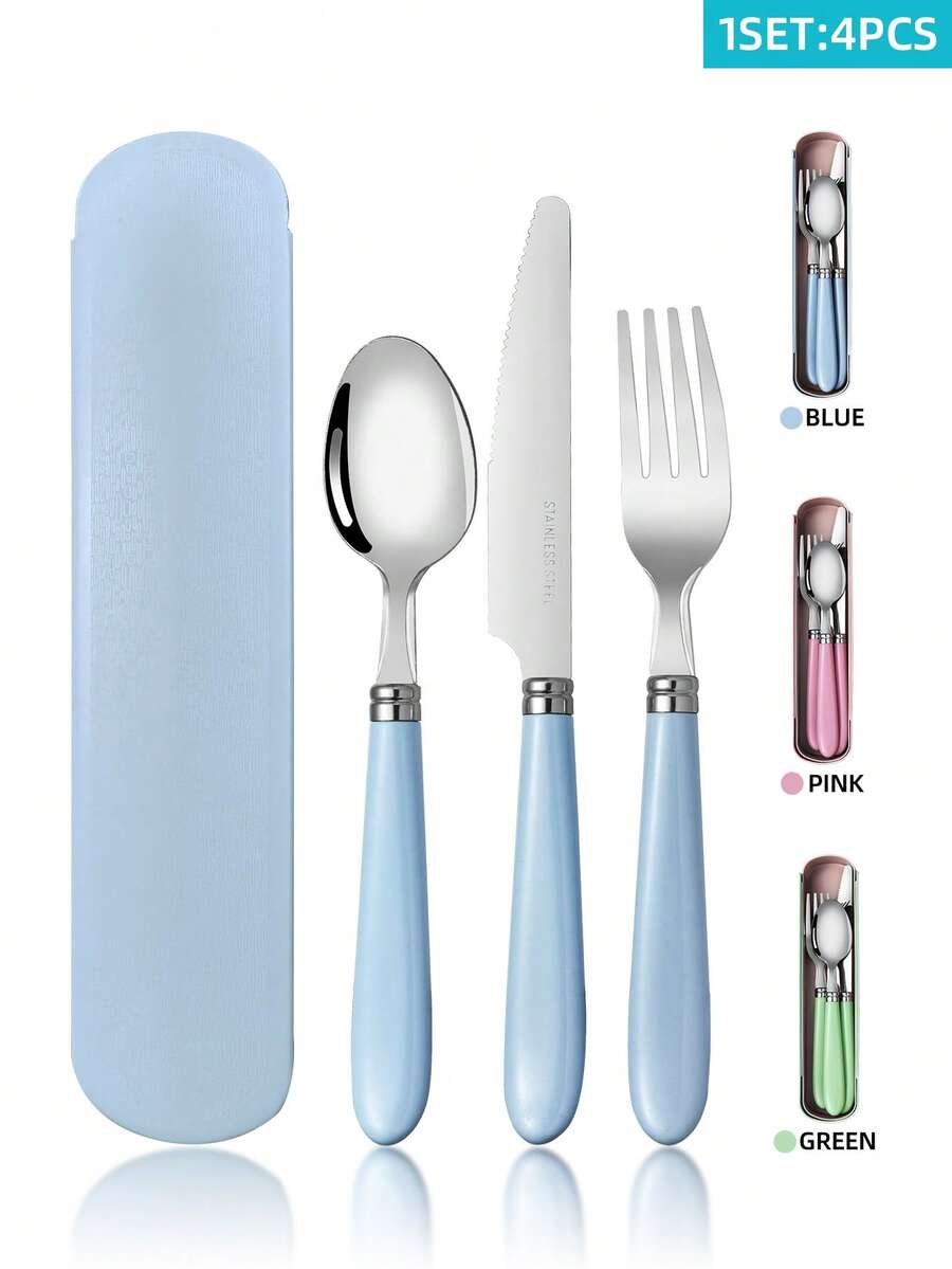 Portable Reusable Stainless Steel Cutlery Set For Students, With Storage Box, Durable Fork And Spoon, Suitable For Outdoor Dining, Camping And Picnics, Convenient Travel Utensil Set - Multicolor - View 1
