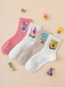 SpongeBob SquarePants 4雙 SquarePants 系列眼睛表情圖案可愛幽默女款中筒襪，情侶款 - 彩色 - 查看 5