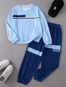 Boys' 2-Piece Set, Light Blue Round Neck Striped Top With Navy Blue Colorblock Jogger Sweatpants, Simple Daily Commute Student Versatile Casual Outfit, Autumn/Winter - Blue - View 5