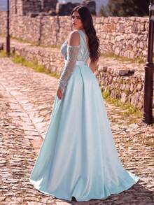 Elegant One-Shoulder Evening Gown With Beaded Details, Fitted Silhouette, Suitable For Formal Dinners, Photo Shoots, Grand Events And Red Carpet Occasions - Blue - View 2