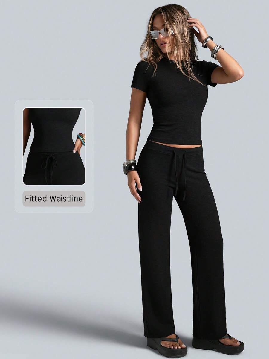 NcmRyu Women's One Set Solid Color Round Neck Short Sleeve Drawstring Straight Leg Pants Sports Set - Black - View 1