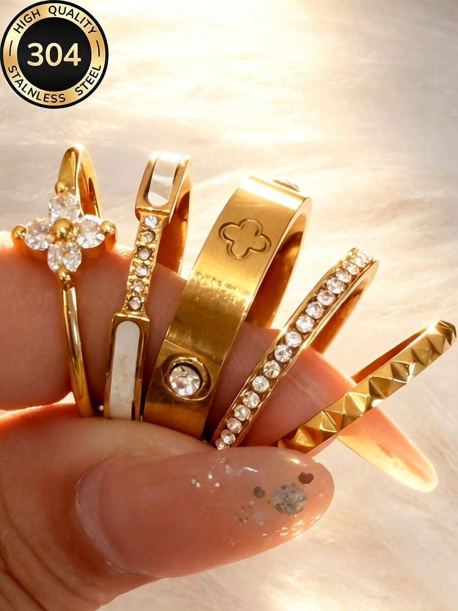 VJS 2026 Set Cincin Tumpuk Stainless Steel Berlapis Emas 18K Terbaru, Gaya Wanita, Motif Daun Semanggi, Dekorasi Putih dan Cincin Berlian Penuh yang Dipersonalisasi, Perhiasan Minimalis Hypoallergenic, Hadiah Hari Ibu yang Sempurna, Pesta, Liburan, Aksesori Pemakaian Sehari-hari, Satu Set Mengatasi Kekhawatiran Akan Aksesori - Yellow Gold - View 1