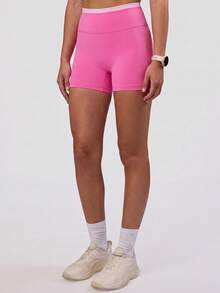 VUTRU 1Pc Color Block Waistband Tight Sports Shorts High Waist 3/4 Length Running Fitness Pink - Pink - View 3