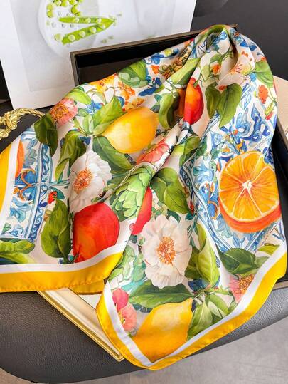 1pc Women's Elegant Retro Fashion Lemon Tree Print Satin Scarf, Bohemian Vintage Casual Ladies' Neck Scarf/Shawl, Lightweight And Comfortable, Suitabl