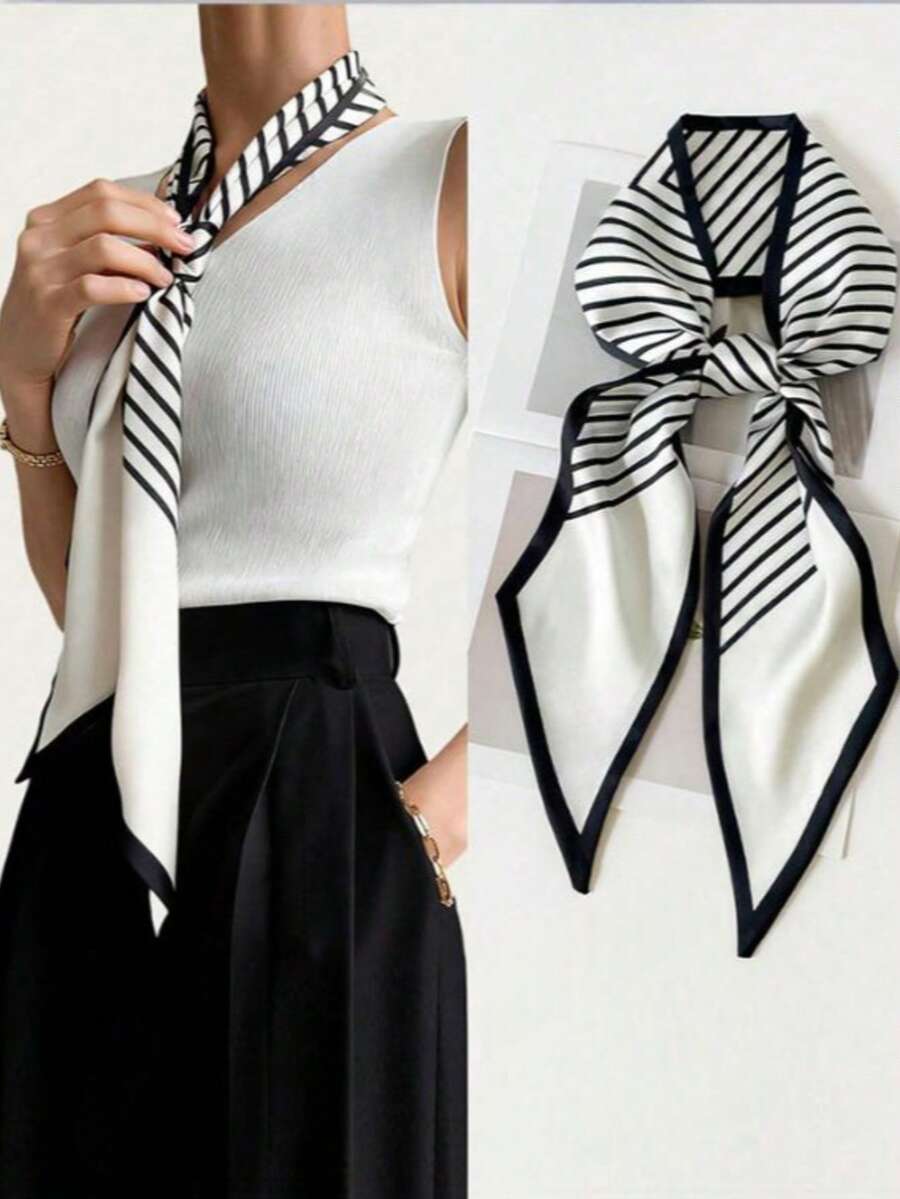 1pc Vintage Exquisite Silk French Elegant Scarf, Women's Multi-Functional Decorative Scarf, Elegant Fashion Neck Decoration - Black and White - View 1