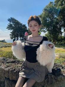 Patchwork Striped 2-In-1 Crew Neck Long Sleeve T-Shirt, Fitted Design Contrast Color Waist Women's Top, Spring/Summer Black - Black - View 2