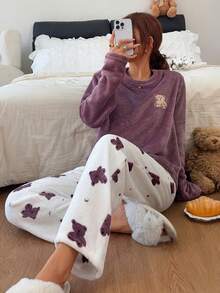 Dreamivo Flannel Colorblock Teddy Bear Pattern Long Sleeve Top And Pants Warm Pajama Set, Autumn/Winter, Comfortable - Purple - View 4