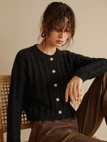 Knit Mix Elegant Women's French Style Autumn/Winter Knit Cardigan, Casual Daily Home Basic Outerwear Black Fall - Black - View 6
