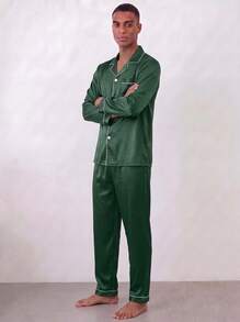 Snug League 男士睡衣套裝（兩件套），長袖襯衫和長褲，純色口袋前開襟紐帶休閒家居服 - 彩色 - 查看 9
