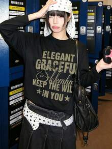 Women's Round Neck Long Sleeve T-Shirt, Spring/Autumn New Star Pattern & Letter Print, Fashion Casual Versatile Loose Fit Top Black - Black - View 2