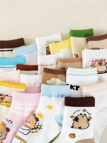 10 Pairs Random Kids Cartoon Capybara Mid-Calf Socks, Striped Colorblock Soft Breathable Cute All-Season Versatile Short Socks For Boys And Girls - Multicolor - View 5