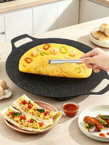 1pc Korean Style Round Griddle Pan, Dual Handle Design, Even Heat Distribution, Suitable For Searing Steak, Pork Belly, Seafood, Making Fried Rice, Pasta. Ideal For Home Indoor Cooking And Outdoor Camping, Picnic, BBQ Party. - Black - View 7