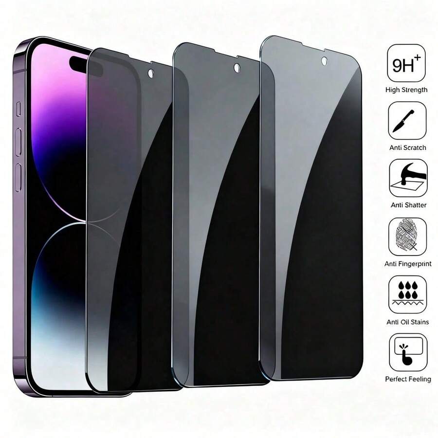 ZYSHI 3pcs Anti-Peeping Privacy Phone Screen Protector Tempered Glass Full Coverage Glass Film Compatible With IPhone 17 16 15 14 13 12 11 Pro Max XR X XS Max Plus Anti-Fingerprint Phone Screen Protector Anti-Peeping Glass Phone Screen Protector