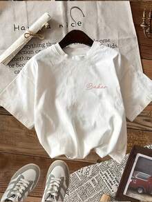 Graphic Print Short Sleeve Crew Neck Tee For Ladies, Versatile Spring Summer Casual Outfit - 白色 - 查看 3