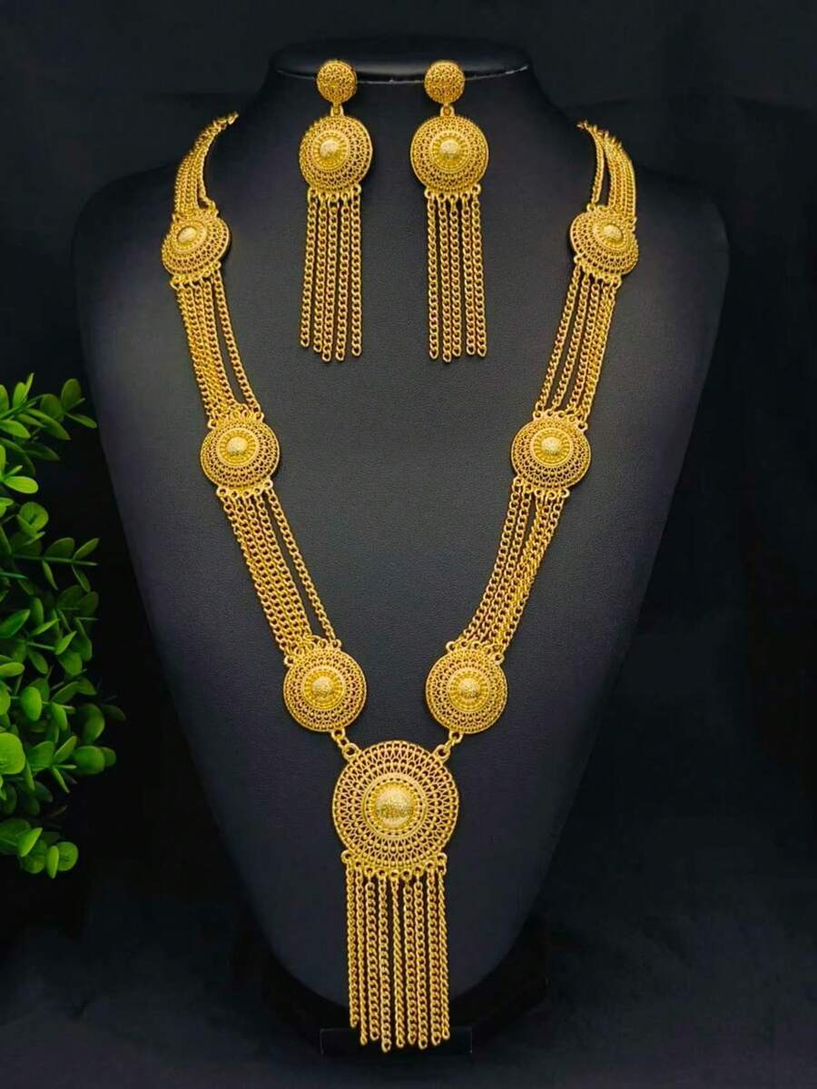 3pcs Fashion Women's Gold Tassel Long Necklace Jewelry Set Necklace Earrings Middle East Dubai USA Africa Bride Wedding Banquet Dress Accessories Holiday Gift Daily Wear - Yellow Gold - View 1
