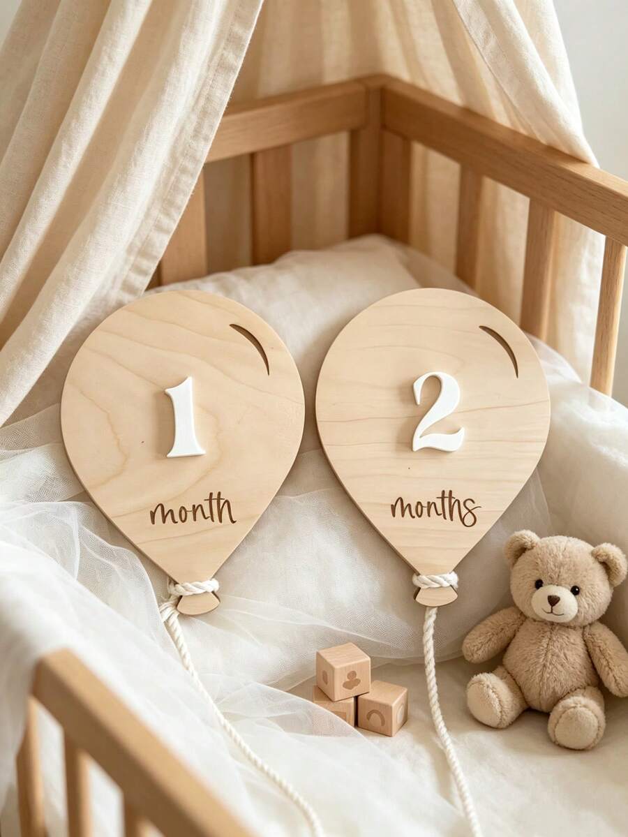Wooden Balloon Milestone Sign Set, Interchangeable Milestone Cards Set, Double-Sided Baby Milestone Birth Announcement Board, Newborn 1-12 Months Photo Props, Boy Girl Balloon Milestone Signs, Number Month Growth Commemorative Photo Props, Newborn Photography Props - Multicolor - View 1