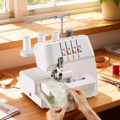 Máquina de coser remalladora, 1250 puntadas por minuto, capacidad de 2-3-4 hilos, alimentación diferencial ajustable de 0.7-2, con brazo libre y luz LED, máquina de coser para diversos tejidos, blanco