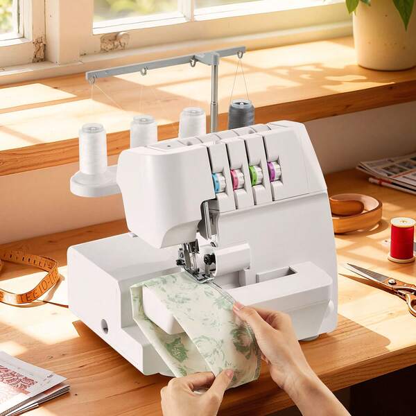 Máquina de coser remalladora, 1250 puntadas por minuto, capacidad de 2-3-4 hilos, alimentación diferencial ajustable de 0.7-2, con brazo libre y luz LED, máquina de coser para diversos tejidos, blanco