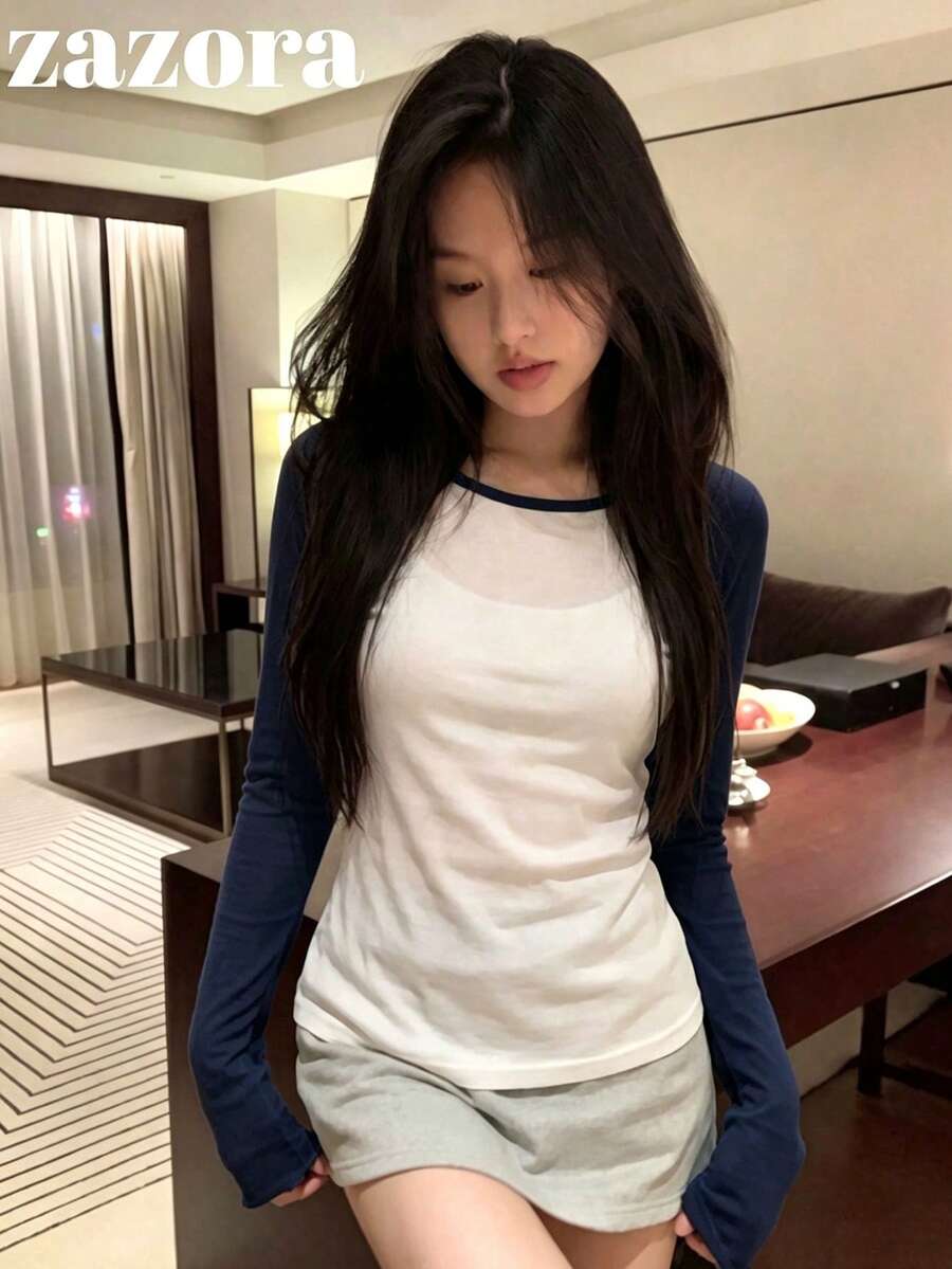 拼接撞色薄透長袖修身顯瘦上衣 - 藏青色 - 查看 1