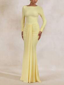 Women's Elegant Long Dress, Fitted Long Sleeve Mermaid Skirt, Suitable For Weddings, Evening Parties, Cocktail Parties And Other Formal Occasions - Yellow - View 4