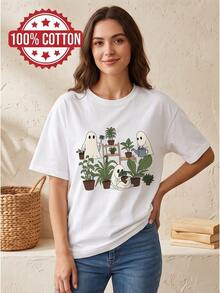 Graphic Crew Neck Short Sleeve Tee For Ladies, Casual Daily Outfit For Spring & Summer - 白色 - 查看 1