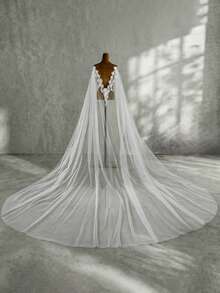 1pc V-Neck 3D Floral Lace Cape Veil, Floor-Length Arc Large Sheer Mesh Cape, Bridal Backless Wedding Dress Accessory For Church Ceremony, Ethereal Back Cover - Multicolor - View 5