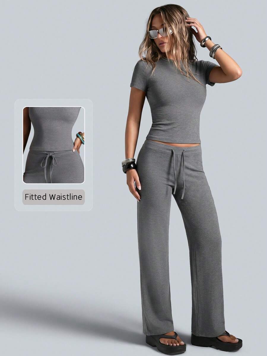 NcmRyu Conjunto deportivo de mujer de un solo color con cuello redondo, manga corta, cordón y pantalones de pierna recta - Gris Oscuro - Ver 1