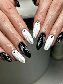 Show Your Beauty 10pcs Almond Shaped Halloween Y2K Design 3D Gel Elegant Cool Black & White Contrast Horror Ghost Gradient Line French Glossy Shiny Bright White Fake Nails Fashion Versatile Wearable Nails Suitable For Dating Party Spring Summer Women & Girls Autumn Winter Daily Wear Removable Press-On Nail Set With Jelly Glue & Nail File Easy To Apply & Durable Jelly Glue Randomly Sent - Black and White - View 4