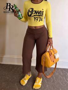 BADDIE REALM Set Pakaian Dalam Wanita 2 Potong Motif Huruf Elastis untuk Sehari-hari - Kuning - View 3