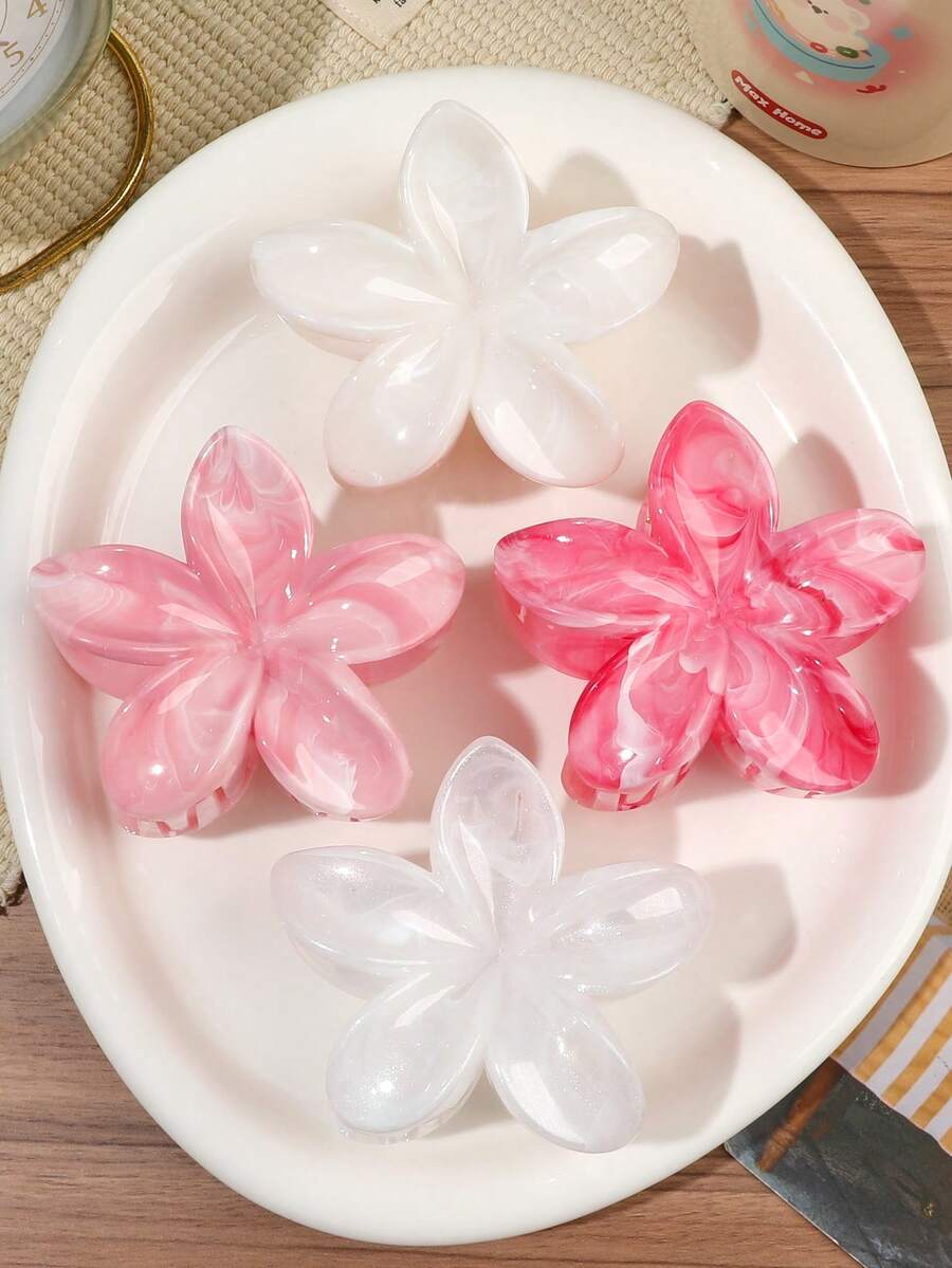 4件組 春夏波希米亞甜美玫瑰粉混色大理石紋扶桑花髮夾套組,海灘海邊風清新盤髮髮飾 - 彩色 - 查看 1