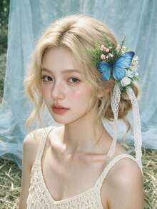 1pc Vintage Green & Blue Butterfly Pink Floral Lace Tie Flower Crown, Gentle Bohemian Forest Lawn Travel Photography Bridal Styling Wedding Accessory Headpiece - Green - View 1