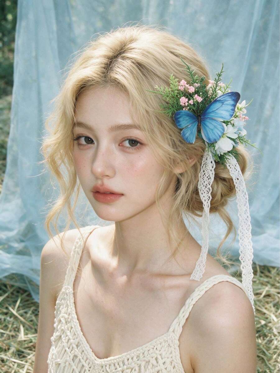 1pc Vintage Green & Blue Butterfly Pink Floral Lace Tie Flower Crown, Gentle Bohemian Forest Lawn Travel Photography Bridal Styling Wedding Accessory Headpiece - Green - View 1