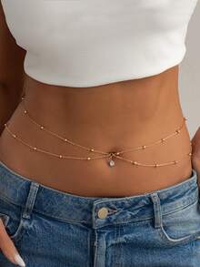 1PC Ins Double-Layer Fine Chain Waterdrop Diamond Pendant Waist Chain, Fashionable And Sexy Round Bead Chain Body Chain - Gold - View 3