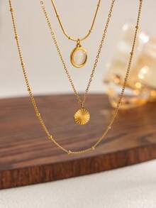 1pc Stainless Steel Exquisite Cat Eye Stone Pendant Gold Multi-Layer Stackable Necklace, Suitable For Women's Daily Wear, Dating And Party Occasions. - Gold - View 3