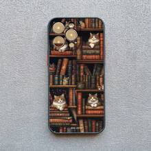Vintage Bookcase Kitten Painted Phone Case For IPhone 17 16 15 14 Pro Max Plus 13 Mini 12 11 Pro Max XS X XR 16 Plus Back Cover - 黑色 SJM 3 - 查看 1