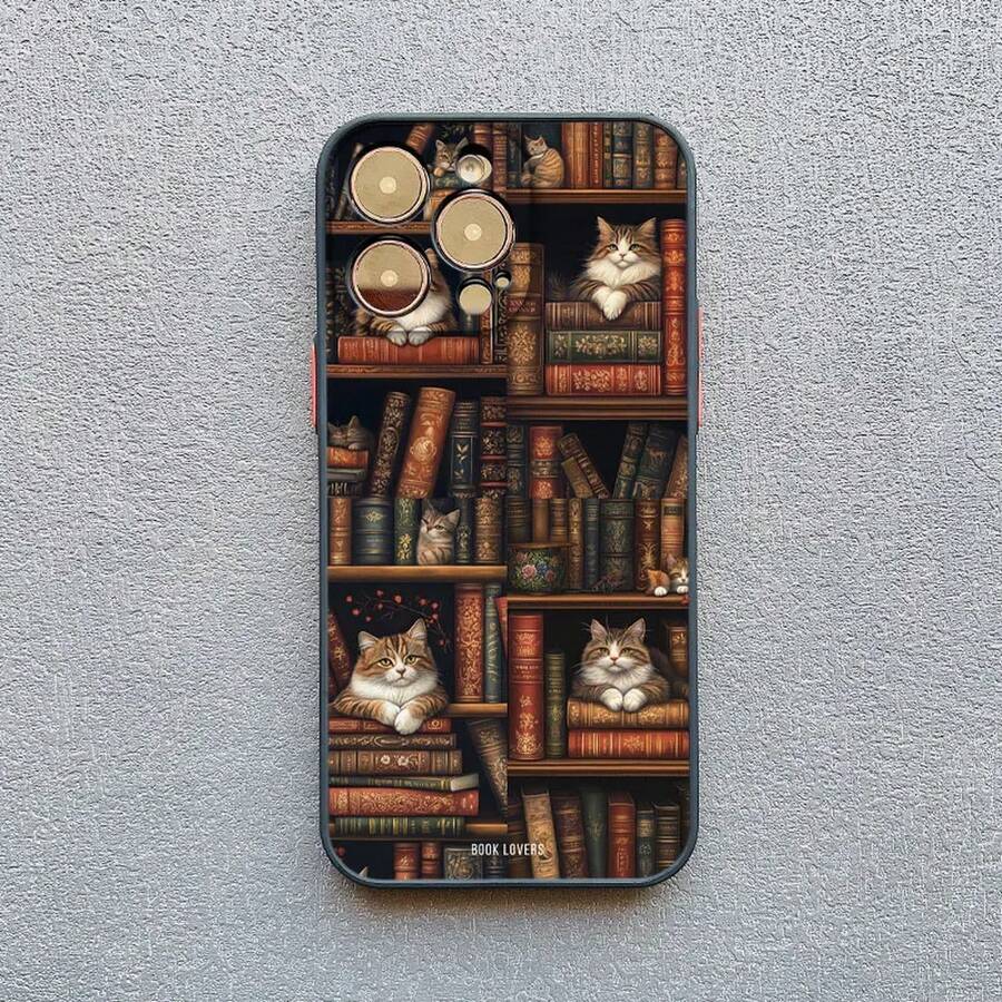 Vintage Bookcase Kitten Painted Phone Case For IPhone 17 16 15 14 Pro Max Plus 13 Mini 12 11 Pro Max XS X XR 16 Plus Back Cover - 黑色 SJM 3 - 查看 1