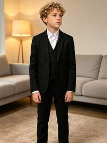 Boys 3-Piece Herringbone Twill Suit Set, Black, Suitable For Wedding, Birthday, School, Stage, Formal Occasions, 6-16 Years Old - Black - View 5