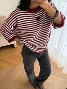 2026 New Autumn/Winter Women's Contrast Striped Loose Oversized 3/4 Sleeve Knit Sweater, Dropped Shoulder Round Neck Soft Fuzzy Striped Pullover Fall - Maroon - View 3