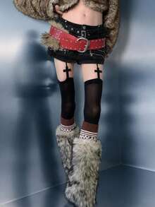 1 par de medias altas hasta el muslo transparentes con tirantes y decoración de cruz negras para mujer, estilo gótico alternativo Y2K, para festival, fiesta y salidas nocturnas - Negro - Ver 5