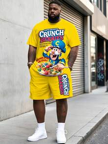 2pcs Plus Size Men Cartoon Snack Print Short Sleeve T-Shirt & Drawstring Shorts Set, Bright Yellow Mixed With Blue Design, Round Neck Tee & Shorts - Yellow - View 1