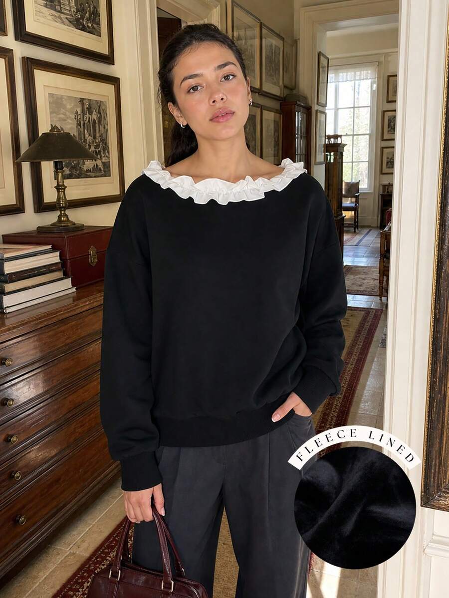 Women's Fleece Lined Ruffle Collar Sweatshirt, Ruffle Detail Long Sleeve Regular Pullover, Suitable For Casual Wear - Black - View 1