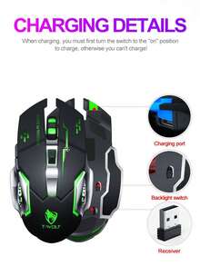 Ratón inalámbrico Bluetooth de doble modo T-WOLF Q13, carga TYPE-C, silencioso, con iluminación, ratón para juegos - Ver 9