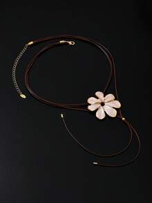 1 pieza Collar de estilo bohemio de vacaciones de moda con flor de aleación y cordón de cera tejido - Beis - Ver 2