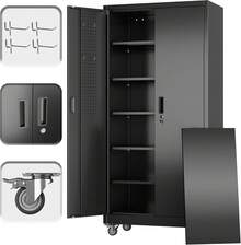 Rolling Metal Storage Cabinet With Wheels, Heavy Duty Steel Garage Tool Organizer Chest With Two Drawers And Pegboard Hooks, Lockable Mobile Utility Cabinet Storage Rack For Workshop, Black - Black - View 2