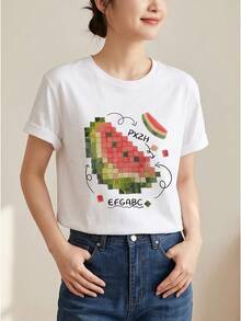 Graphic Printed Crew Neck Tee For Ladies, Short Sleeve Spring Summer Daily Wear - White - View 2