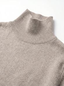 VIBEWAVE Loose Drop Shoulder High Neck Oatmeal Knit Sweater, European Old Money Style Minimalist Solid Color Split Long Sleeve Top, Soft Skin-Friendly Knit Cardigan For Autumn/Winter Cafe Commute And City Street Style - Apricot - View 6