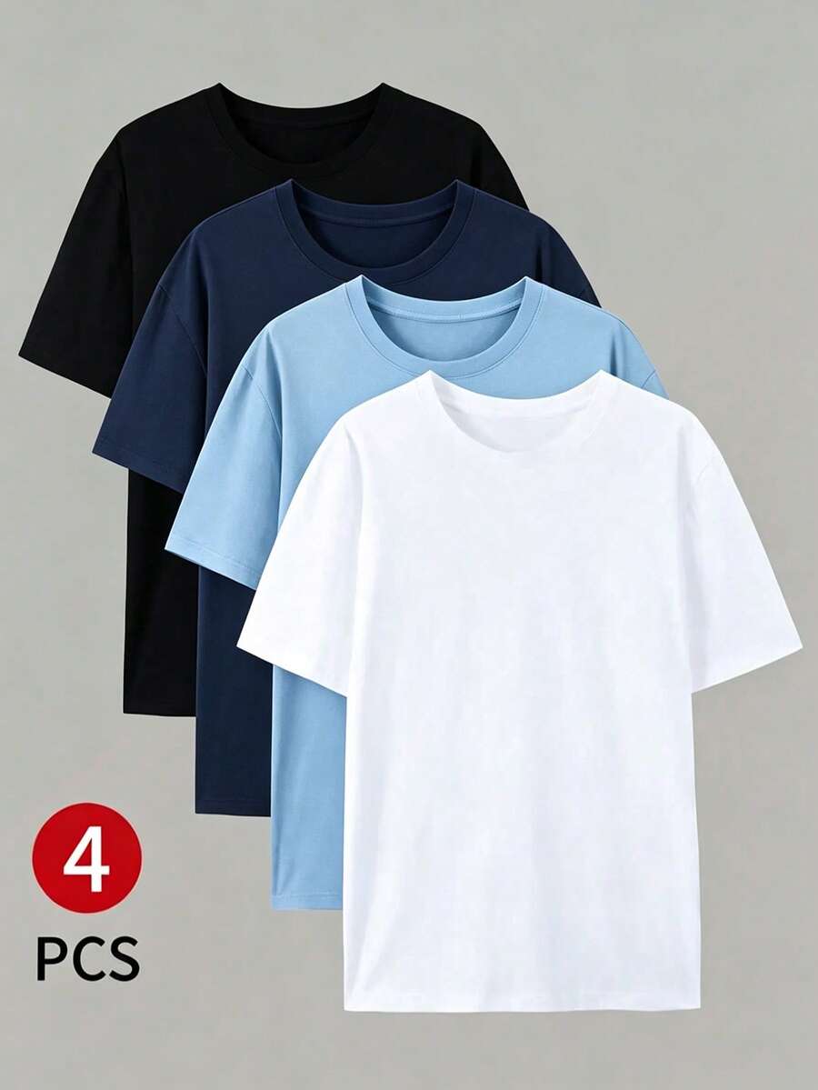 4件組男士夏季純色圓領休閒短袖T恤套裝 - 彩色 - 查看 1